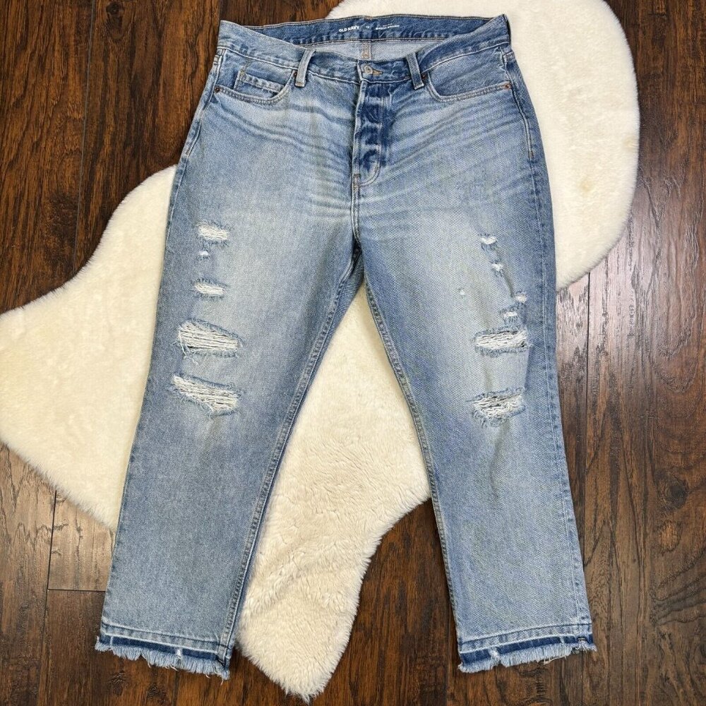 Old Navy Jeans 12 Slouchy Straight Light Wash Ripped Button-Fly‎ Raw Hem Women's